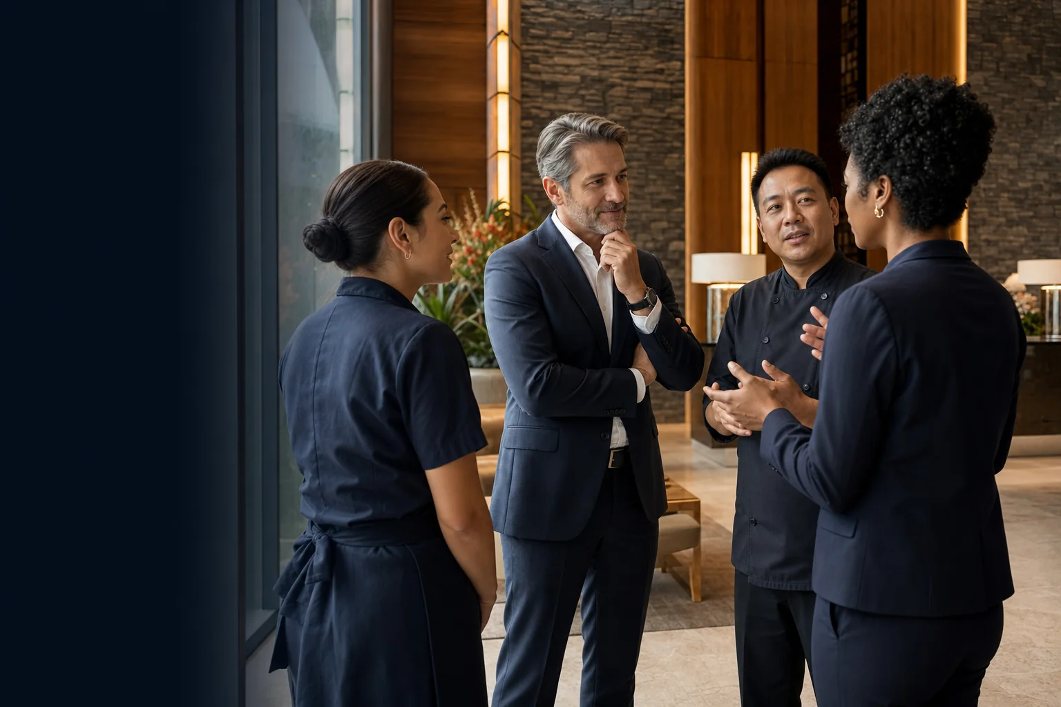 Hospitality leaders listening to hotel employees in a hotel lobby