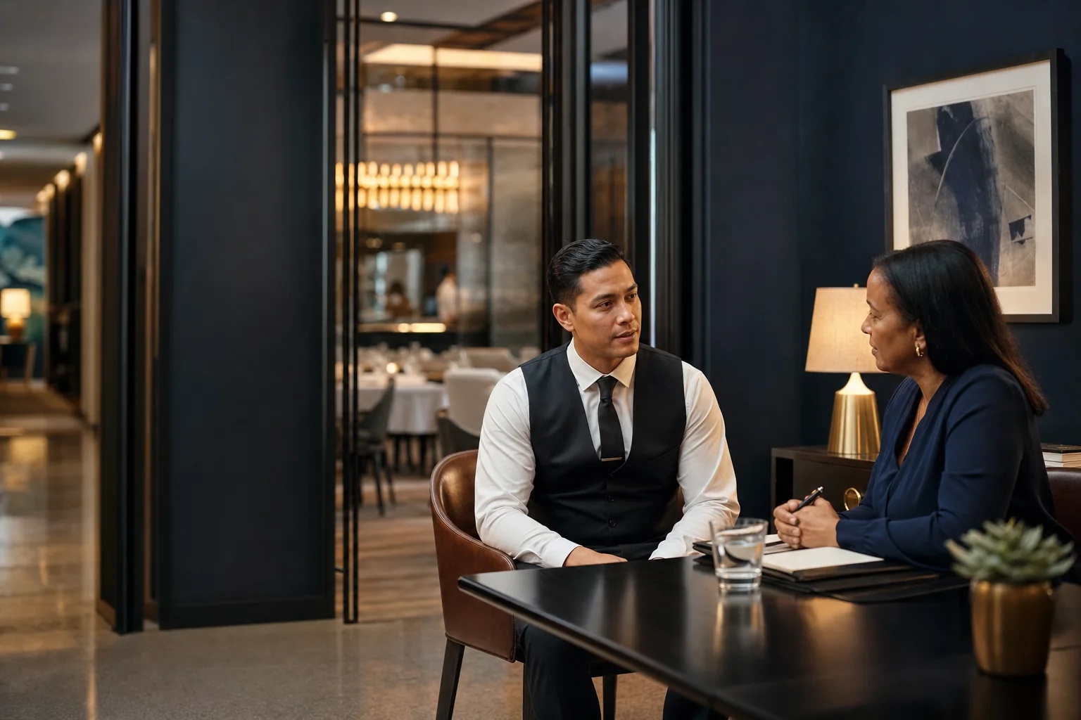 A hospitality employee speaking privately with a relief coordinator