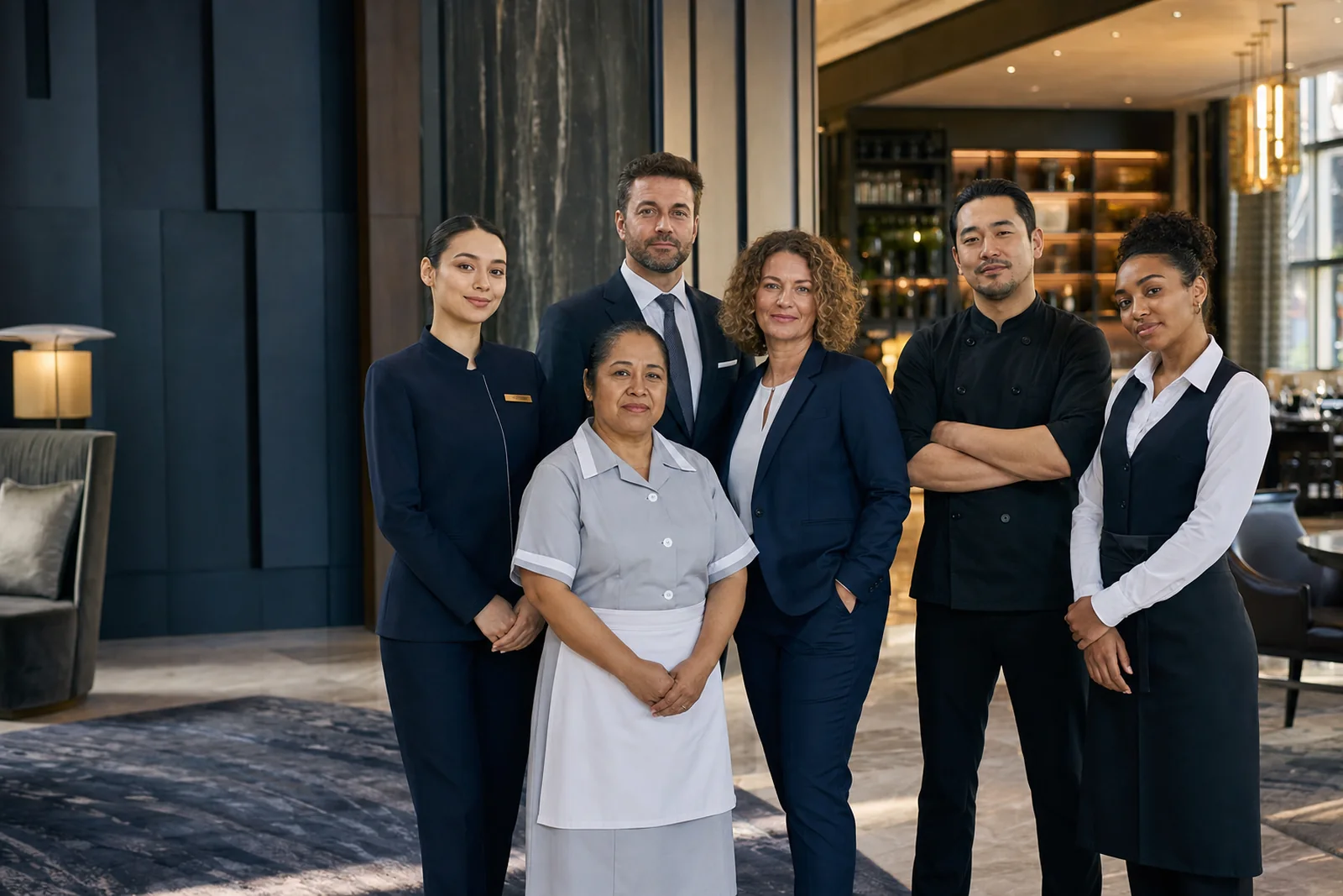 Hotel and restaurant professionals standing together in an upscale hospitality setting